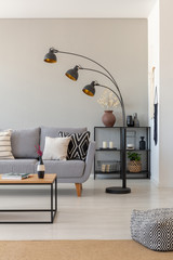 Black industrial lamp next to couch with patterned pillows in monochromatic living room, real photo...