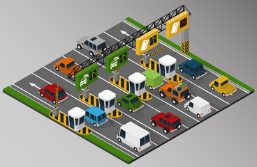 Vector isometric illustration of a toll collection area in the turnpike.