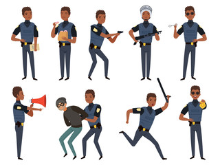 Police characters. Patrol policeman security authority mascots in action poses vector cartoon illustration. Cop police, male patrol uniform