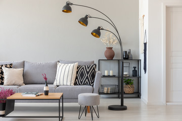 Black industrial lamp next to grey couch with patterned pillows, coffee table and pouf in...