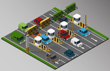Vector isometric illustration of a toll collection area in the turnpike.