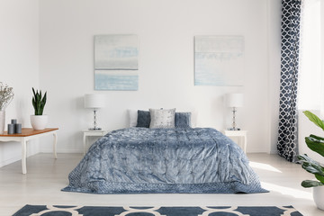 Posters above bed with blue sheets in white bedroom interior with lamps and plant on table. Real photo