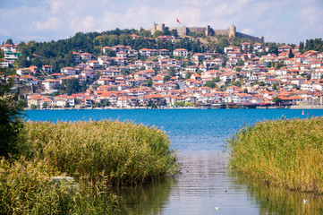 Fototapeta na wymiar Coastal view of Ohrid, a historical city by the Lake Ohrid, Macedonia.