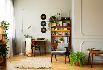 Grey comfortable armchair in vintage stylish interior with plants, book, and vinyls on the wall