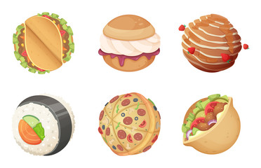 Space food planets. Game cartoon fantasy world from candy sweets burgers and pizza with meal and salad funny vectors. Illustration of planet food burger and pizza world