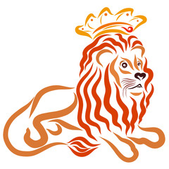 Lying regal lion in a crown, colorful pattern