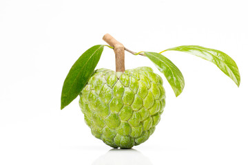 Custard apple isolated on white background with stem and leaves