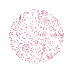 Wedding symbols in circle shape. Vector illustrations of wedding. Wedding drawing outline, love and gift, floral and jewelry