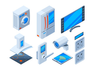 Smart internet objects. Household appliances speakers clocks microwave control future technologies web objects vector isometric. Illustration of automatic electronic, security and smart innovation
