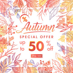 Autumn special offer banner.Hand drawn lettering autumn with leaves in fall colors.Sale season card perfect for prints, flyers,banners, promotion,special offer and more. Vector autumn promotion.