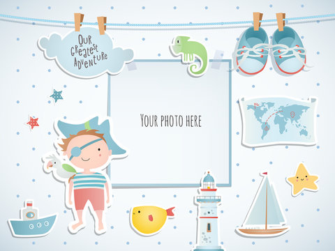 Holiday card design with pirate and boat. Baby shower. Paper, scrapbook.
