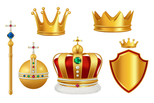 Golden royal symbols. Crown with jewels for knight monarch antique trumpet medieval headgear vector realistic. Illustration of king and monarch golden crown with jewelry stone