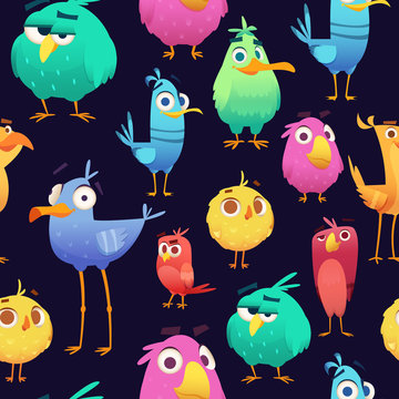 Angry birds pattern. Game parrots and exotic baby cute and funny colored birds. Vector cartoon seamless illustrations. Pattern exotic bird, parrot angry, colored macaw