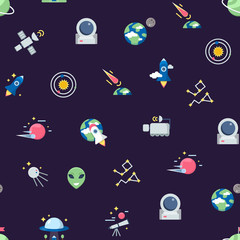 Vector flat space icons pattern or background illustration. Universe galaxy with star and rocket, seamless background