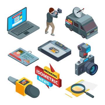 Breaking news symbols. Isometric pictures of writers videographers and journalists. Breaking news and media tv, press journalist. Vector illustration