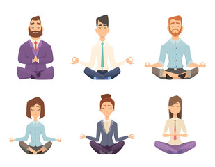Businessman yoga. Man and woman relaxing meditation at workspace table vector concept cartoon illustration. Pose yoga, relax and meditation - obrazy, fototapety, plakaty