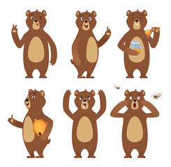 Brown bear cartoon. Wild animal standing at different poses nature characters vector collection. Illustration of brown bear happy, wild character animal