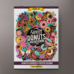 Donuts doodles poster design. Confectionery sign board template.