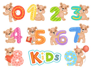 Birthday numbers bear. Party fun invitation for kids celebration teddy bear characters vector cartoon mascots. Illustration of bear with birthday numbers for kids