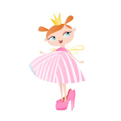 Cute little princess in mom’s shoes. Vector. Character design.