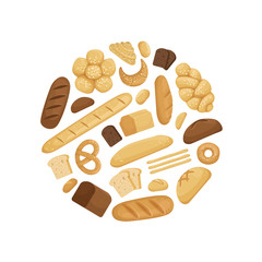 Vector cartoon bakery elements in circle shape illustration. Bread food and baguette, fresh breakfast, bun and bagel