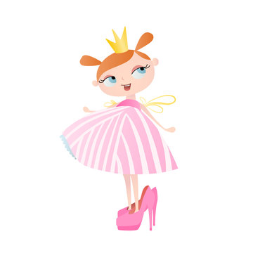 Cute little princess in mom’s shoes. Vector. Character design.