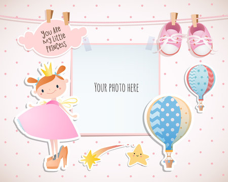 Baby girl shower card. Little princess. Arrival card with place for your photo.