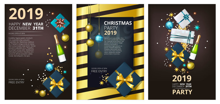 Holiday Brochure Template. Corporate Greeting Card Party New Year 2019 And Christmas Invitation Design Vector Backgrounds