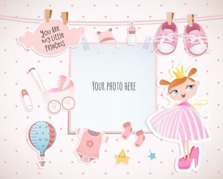 Baby girl shower card. Little princess. Arrival card with place for your photo