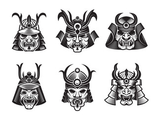Martial masks. Warrior japanese samurai shogun asian armour vector black illustrations isolated. Set of martial armor helmet and armour asian