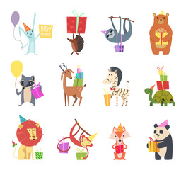 Birthday animals. Holiday happy celebration hare hedgehog bear zebra turtle lion and monkey festive gifts vector cartoon animals. Greeting birthday, animal with gift, deer fox and lemur illustration © ONYXprj