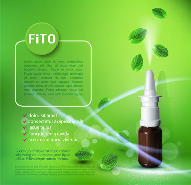 Vector illustration with a nasal spray and and flying leaves. Template for leaflets, banners, advertisements of medical products