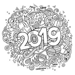 Cartoon vector cute doodles hand drawn 2019 year illustration