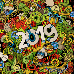 Obraz na płótnie Canvas 2019 hand drawn doodles colorful illustration. New Year poster.