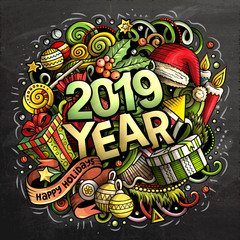 2019 hand drawn doodles chalk board illustration. New Year objec