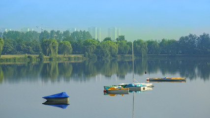  Green Katowice city - boats on the water in Valley of Three Ponds