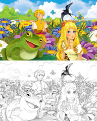 cartoon scene with beautiful tiny elf girl on the meadow looking at some elf prince and talking to a frog - with coloring page - creative illustration for children