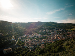 aerial view of a small Sardinian village surrounded by nature. Italy.