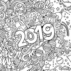 2019 hand drawn doodles contour line illustration. New Year poster.
