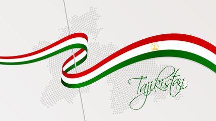 Wavy national flag and radial dotted halftone map of Tajikistan