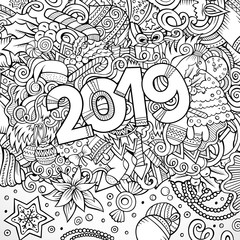 2019 hand drawn doodles contour line illustration. New Year poster.