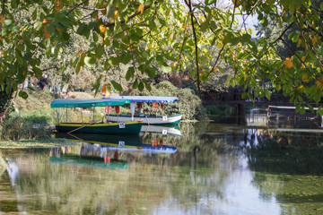 Naklejka premium Boats in the monastery of saint Naum, Ohrid Macedonia