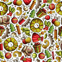Cartoon cute hand drawn Xmas seamless pattern. Vector background