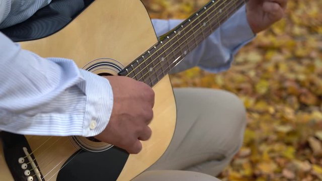 Close up of man hands playing the guitar on the nature