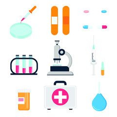 Hospital medicine first aid kit and laboratory equipment for analysis, vaccines and cure peoplescience things  flat style design vector illustration isolated on white background.