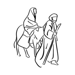 Mary and Joseph in the dessert with a donkey on Christmas Eve searching for a place to stay vector illustration sketch doodle hand drawn with black lines isolated on white background