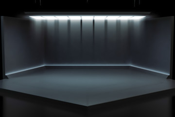 Modern dark empty stage event with light Futuristic background. Future technology Sci-fi hi tech concept. 3d rendering