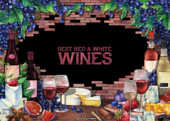 Watercolor wine glasses and bottles decorated with delicious food