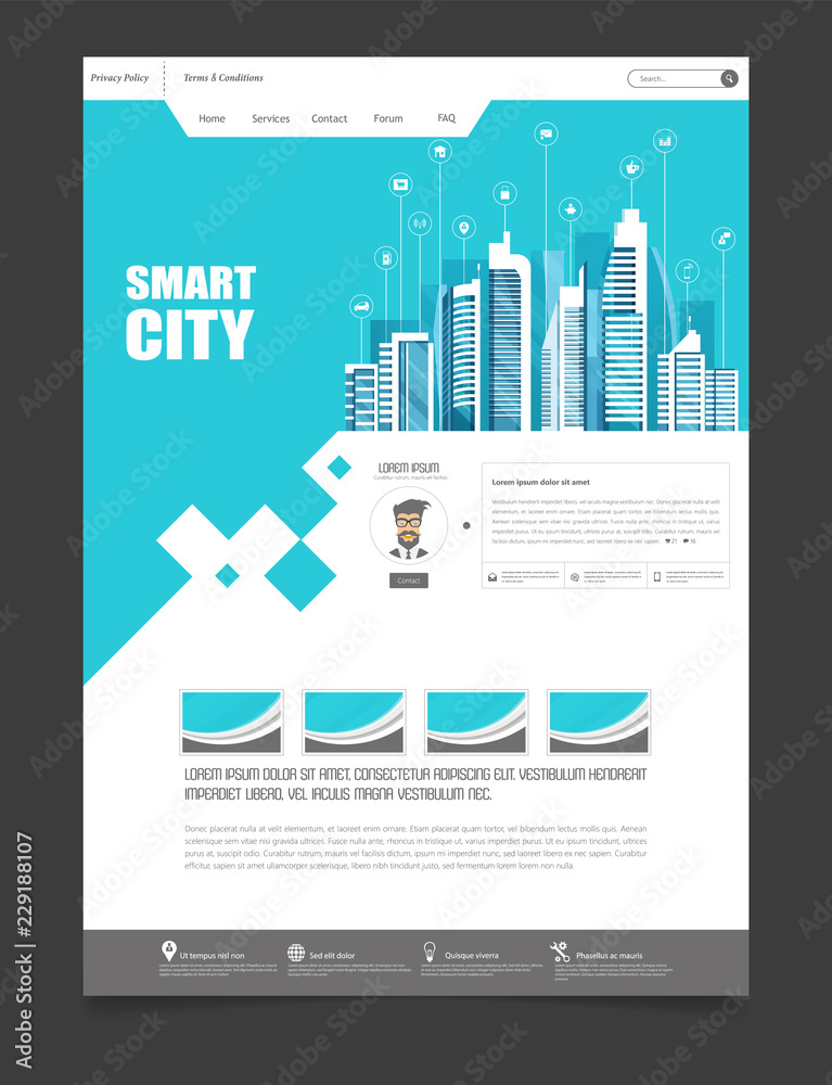 Sticker one page website template with flat illustration of smart city header design