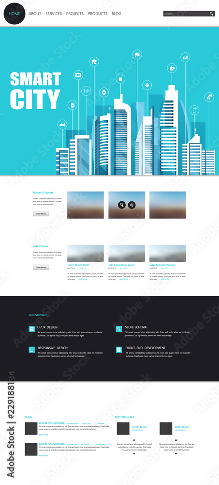 Wall mural one page website template with flat illustration of smart city header design